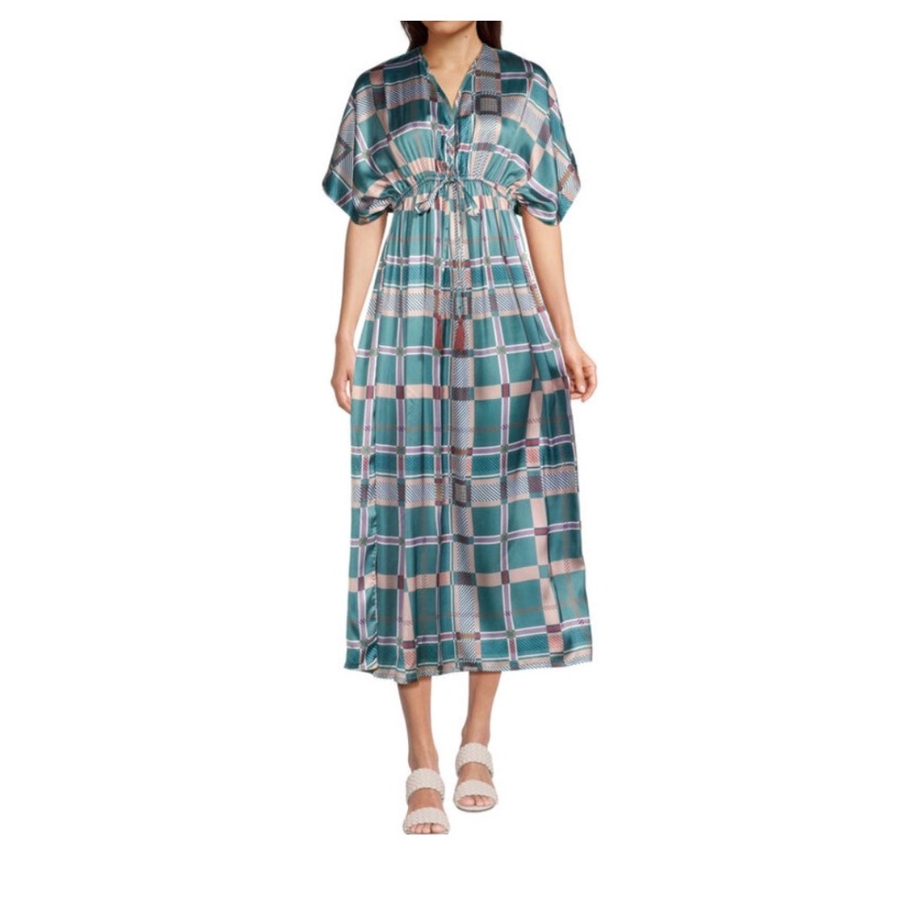 World Market Teal Plaid Satin Maxi Dress Tassel S/M boho whimsi resort preppy y2